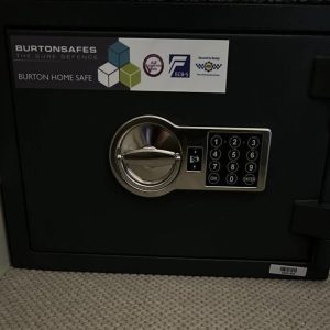 Black and chrome Burton Safes digital home safe showing the sold secure logo on a sticker