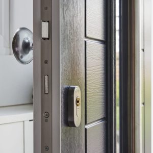 Winkhaus multi point lock fitted to composite door with chrome door furniture 